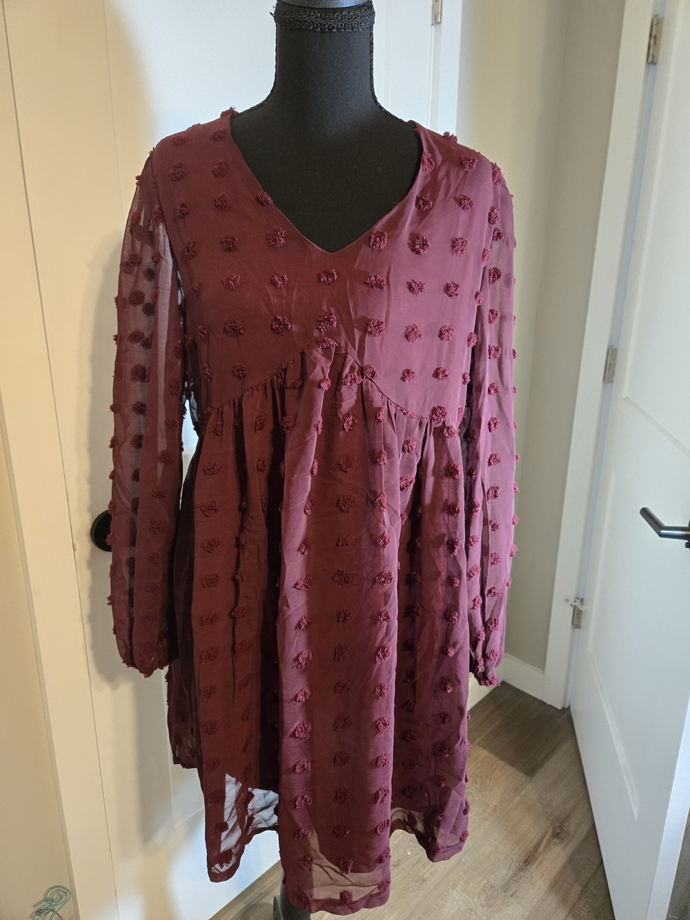 Kirundo Maroon Swiss Dot Long Sleeve Babydoll Mini Dress NWT S